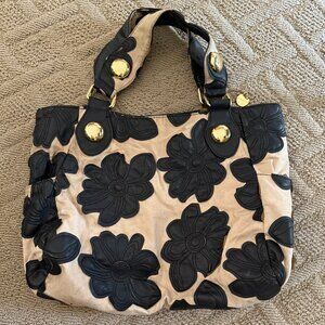 Floral Appliqué Tote Bag in Beige and Black